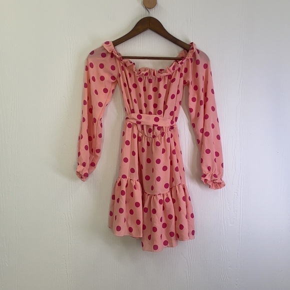 PrettyLittleThing- Dusty Pink Polka Dot Bardot Tie Waist Shift Dress Size 2 - Picture 9 of 13